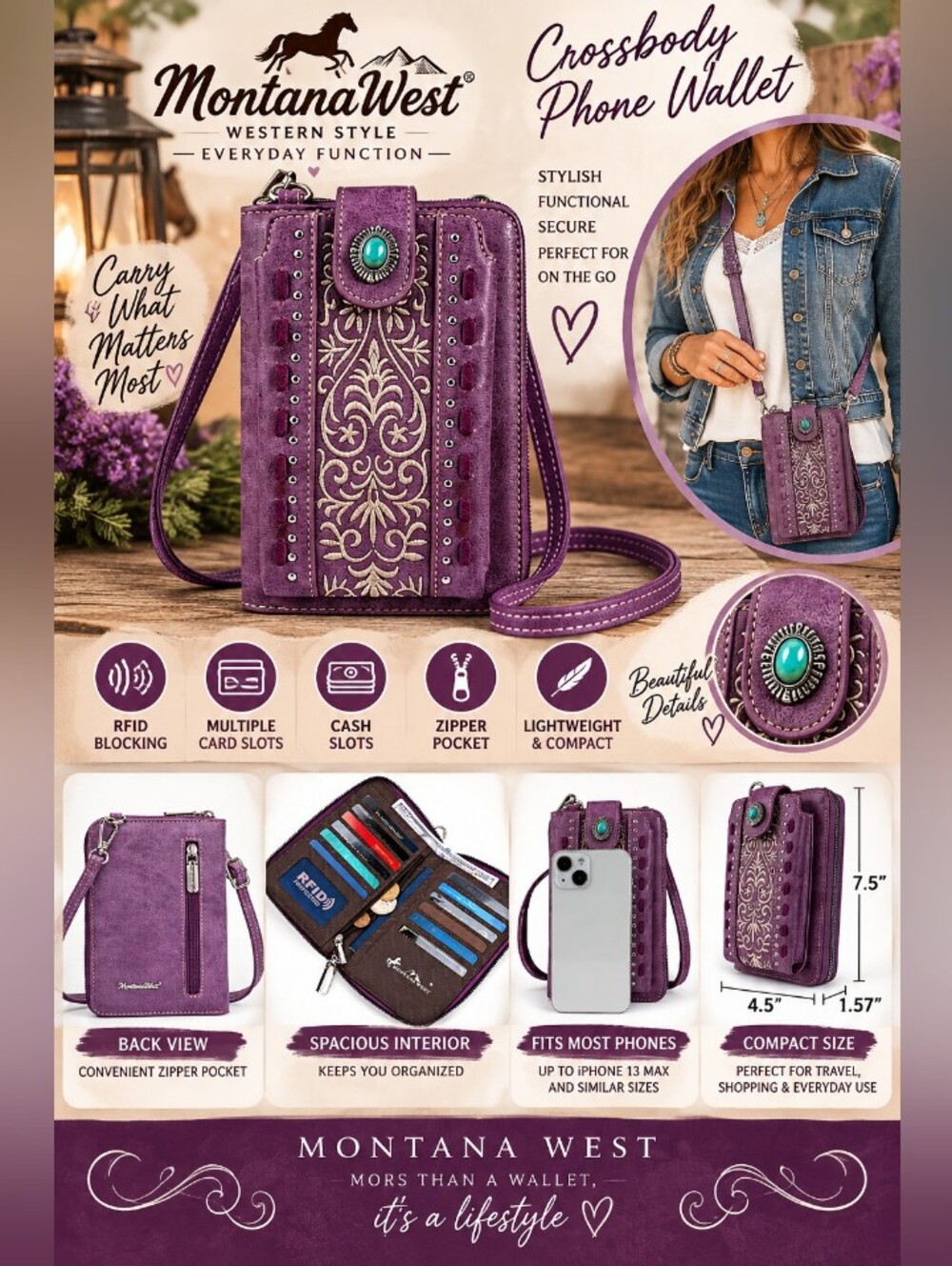 Montana West Purple Crossbody Phone Wallet with Turquoise Stone Accent, EUC.